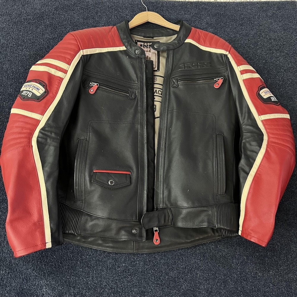 IXS Jacket Mens 46 Black Red Leather Motorcycle Spirit 79 Harley Patch Racing